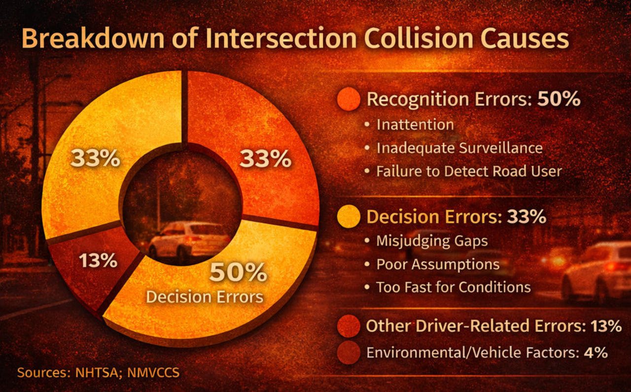 Donut chart showing intersection collision causes: 50% recognition errors, 33% decision errors, 13% other driver errors, 4% environmental factors — Sources: NHTSA, NMVCCS