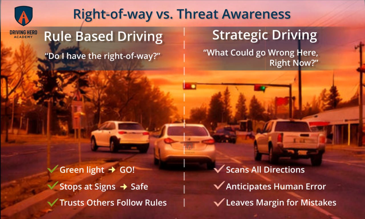 Side-by-side comparison of rule-based driving versus strategic driving at an intersection, from Driving Hero Academy